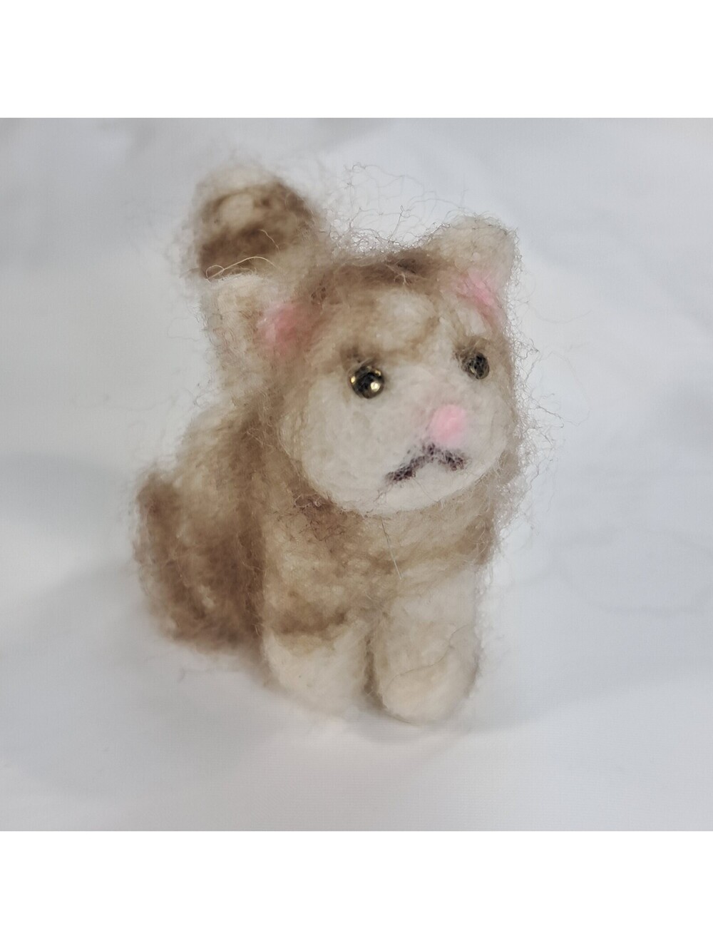 Needle Felted Cat kitten kitty sad brown cream white mini plush soft figurine